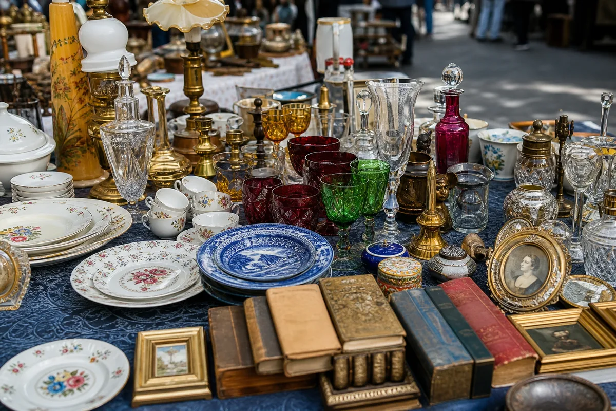 Étal coloré de vaisselle et objets vintage dans une allée de vide-grenier