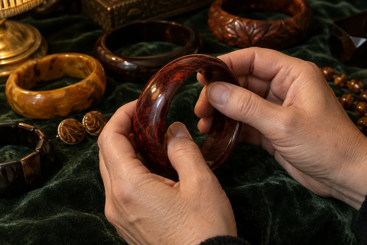 Mains frottant un bracelet en bakélite marbrée pour vérifier son authenticité sur un tissu de velours