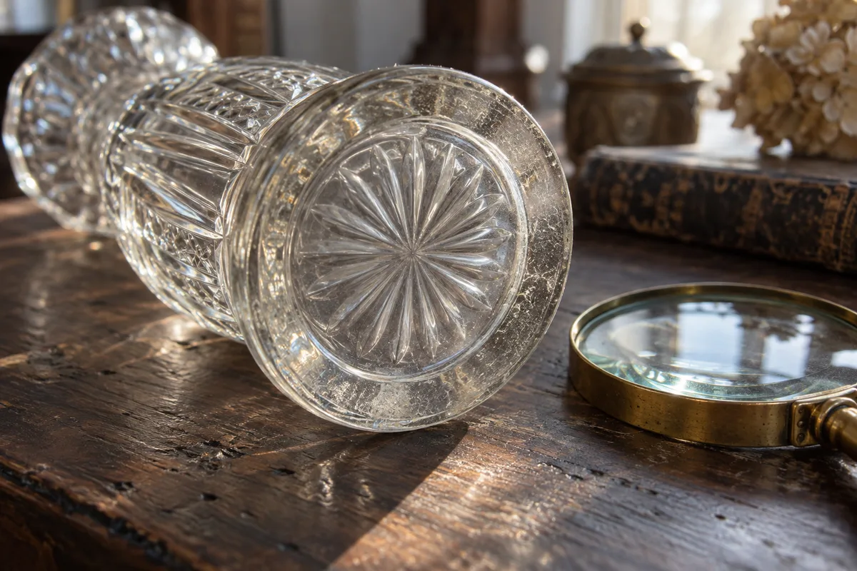 Dessous d’un vase en verre moulé examiné à la loupe sous une lumière rasante