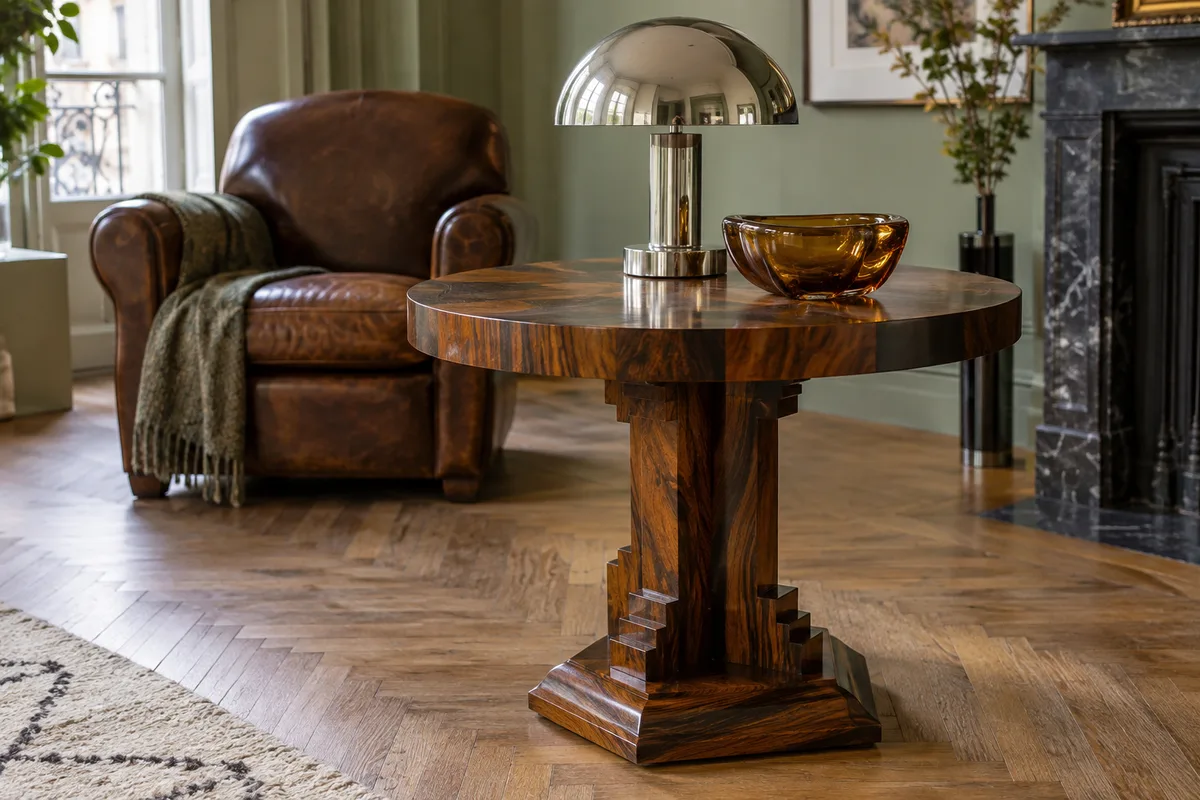 Guéridon Art déco en placage de bois veiné près d’une lampe chromée dans un intérieur lumineux