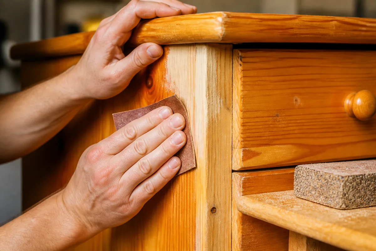 Mains ponçant le montant d’une commode ancienne en pin au vernis orangé