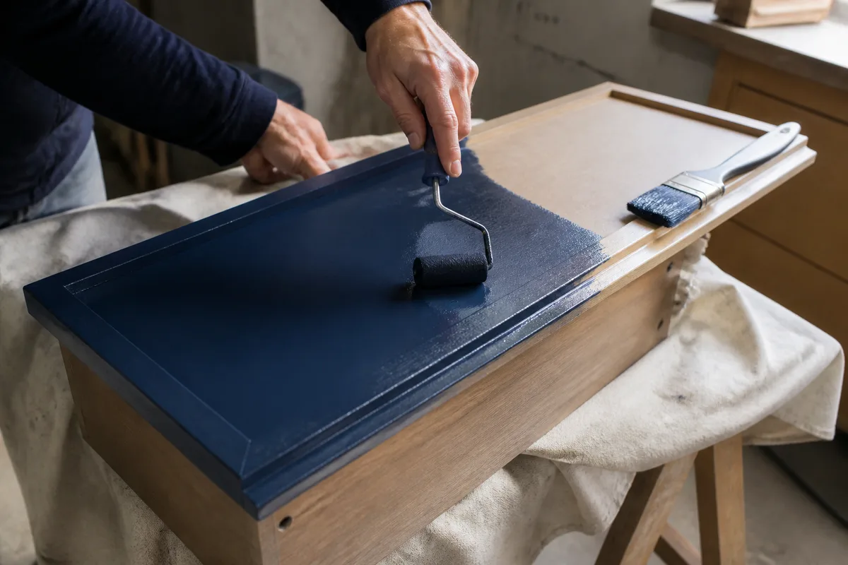Mains appliquant une peinture bleu profond au rouleau mousse sur un tiroir posé à plat