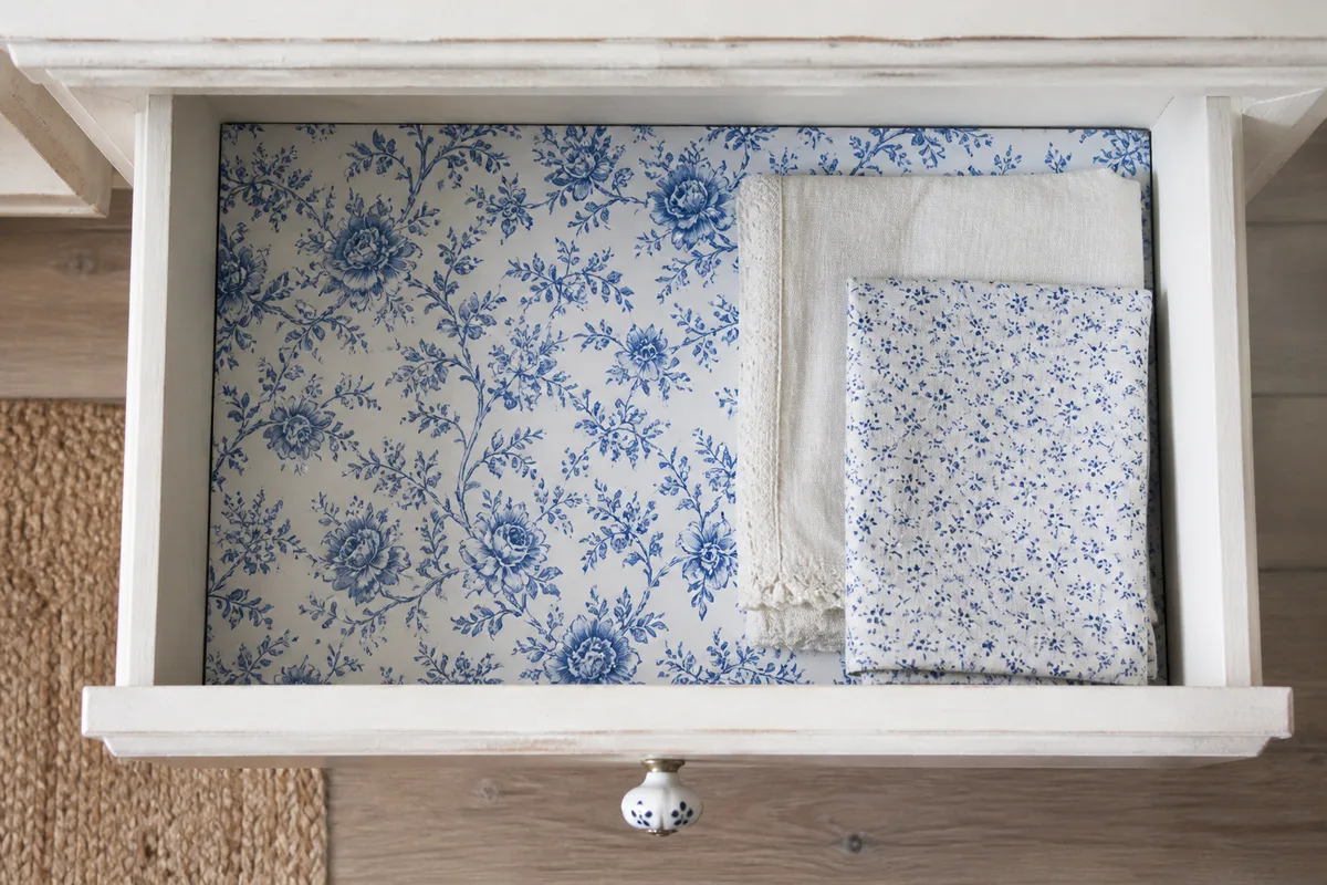 Tiroir ouvert dont le fond est tapissé d’un papier peint à motif floral bleu et blanc