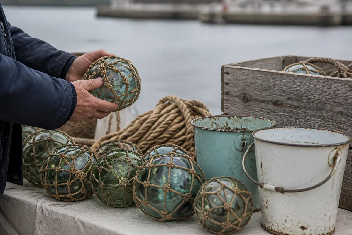 Étal de brocante en bord de mer avec flotteurs en verre, seaux émaillés et cordages