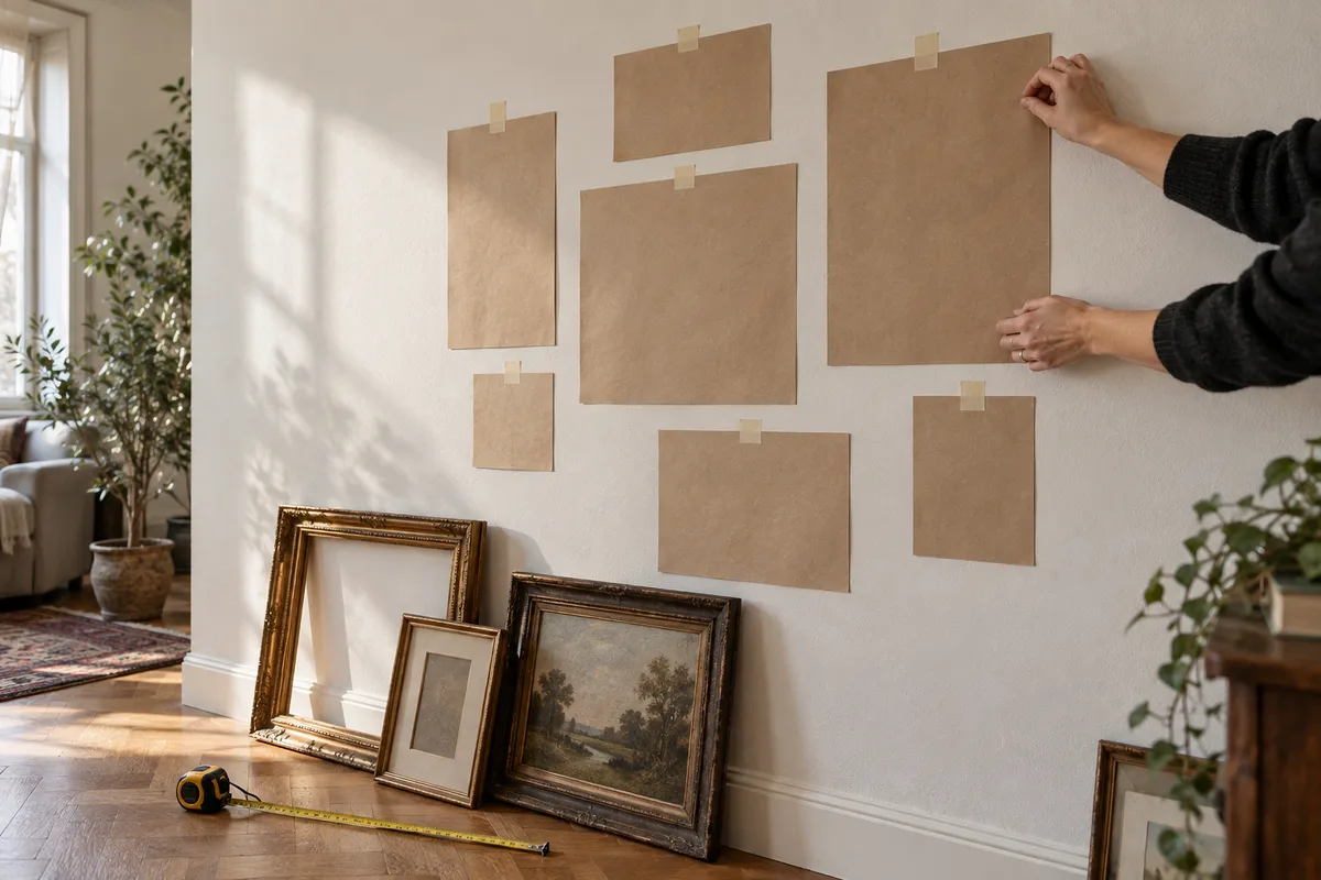Mains fixant au mur des gabarits de papier kraft avec du ruban de masquage pour préparer un accrochage