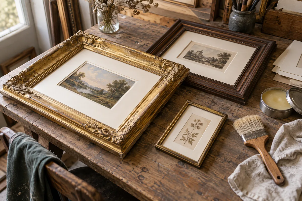 Cadres de brocante dorés et en bois posés sur un établi avec un passe-partout, un pinceau et un pot de cire