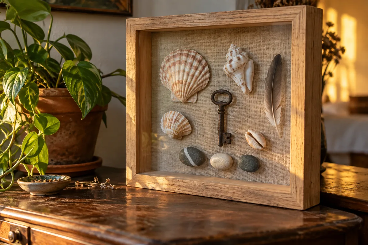 Cadre vitrine profond garni de coquillages, de galets et d’une clé ancienne posé sur une commode