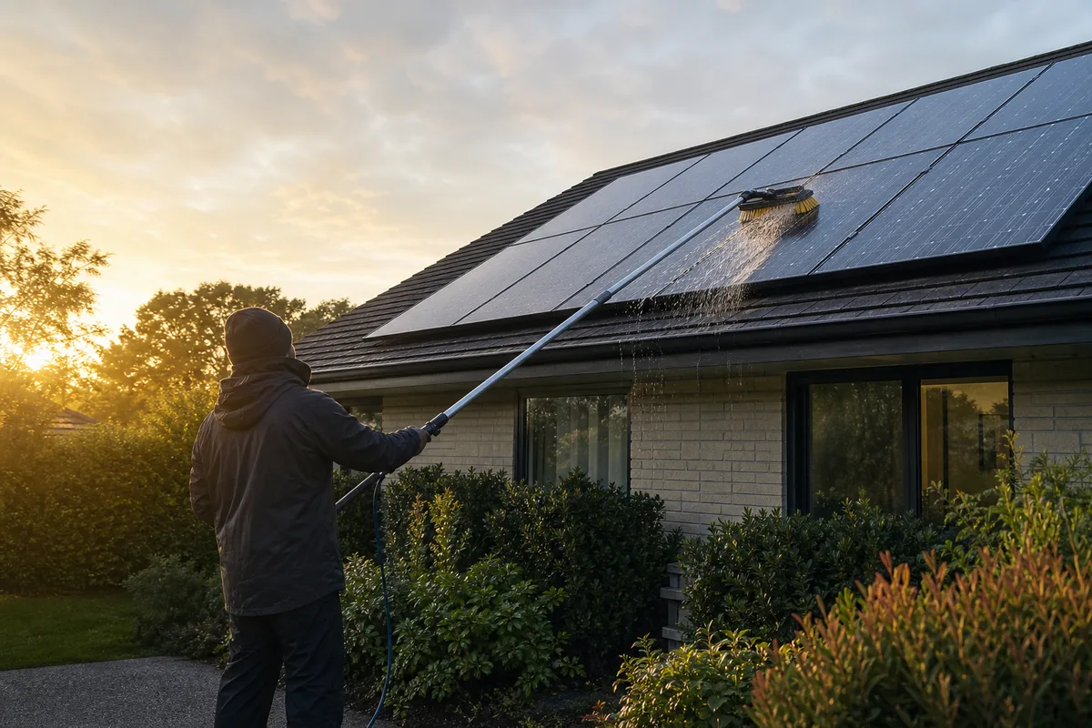 Nettoyage de panneaux solaires au sol avec une brosse télescopique et de l’eau claire
