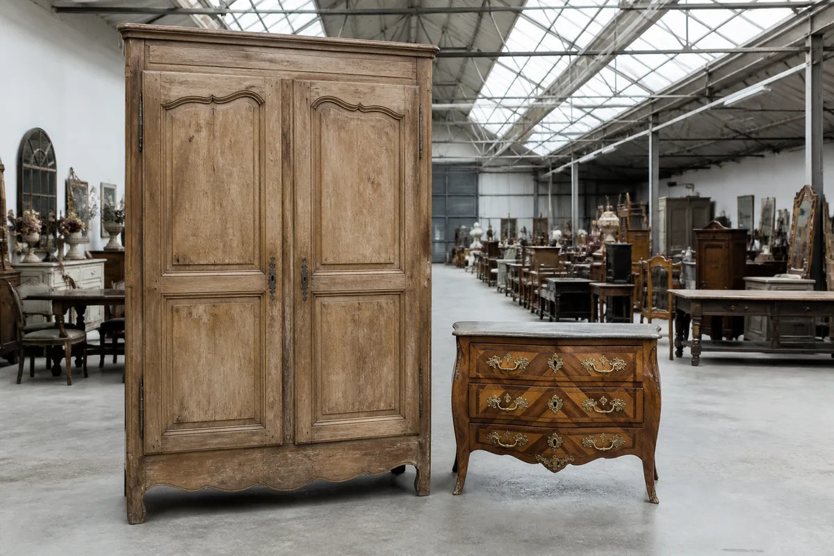 Grande armoire en chêne patiné et petite commode marquetée côte à côte dans un dépôt lumineux