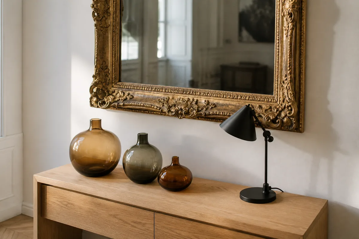 Miroir ancien à cadre doré accroché au-dessus d’une console contemporaine épurée