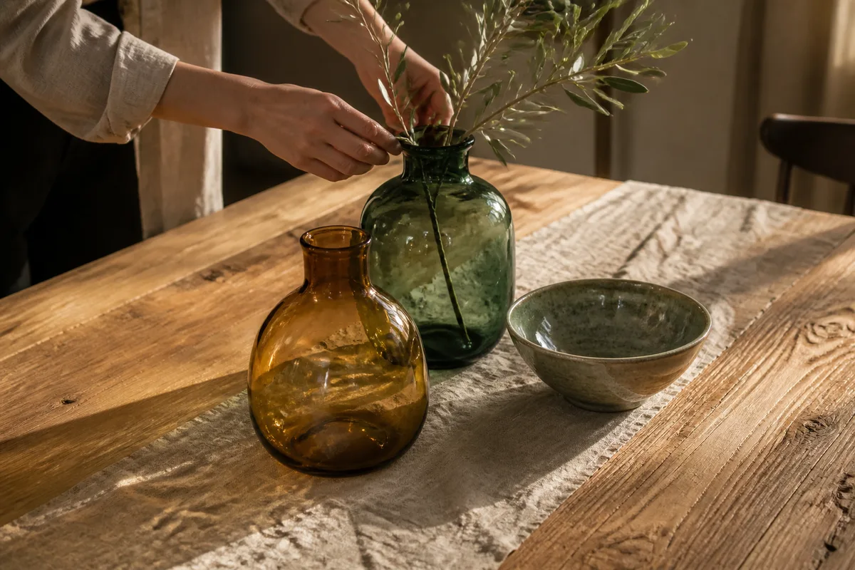 Détail d’une table en chêne massif sur piètement acier avec vases en verre soufflé