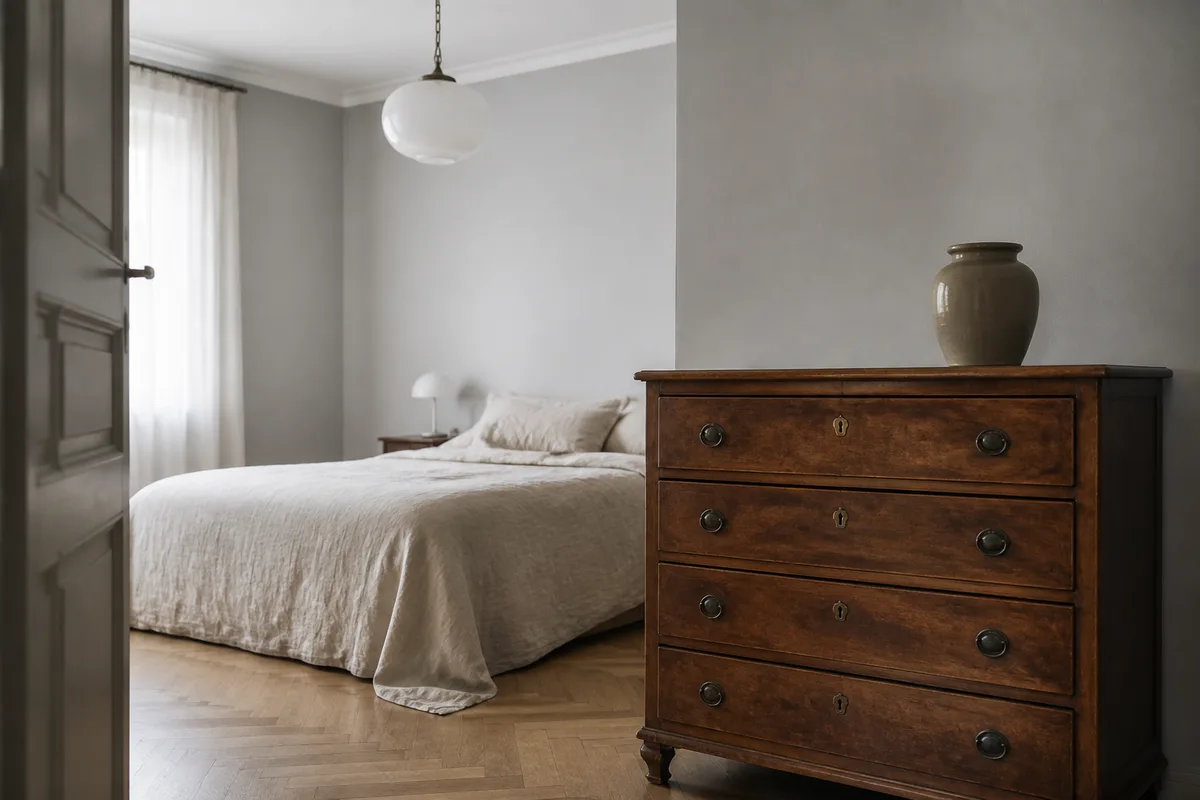Chambre sobre avec commode ancienne, lit en lin et suspension en opaline