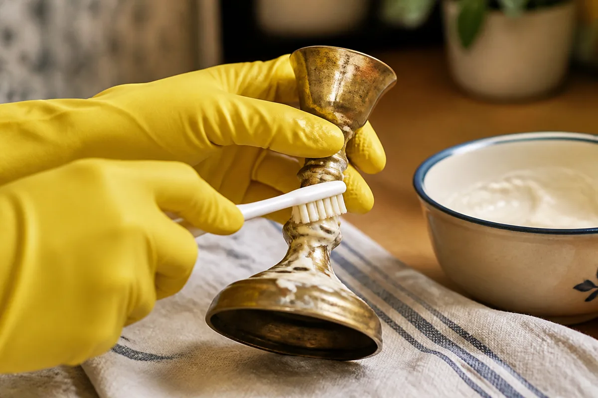 Mains gantées appliquant une pâte de bicarbonate sur un bougeoir en laiton posé sur un plan de travail