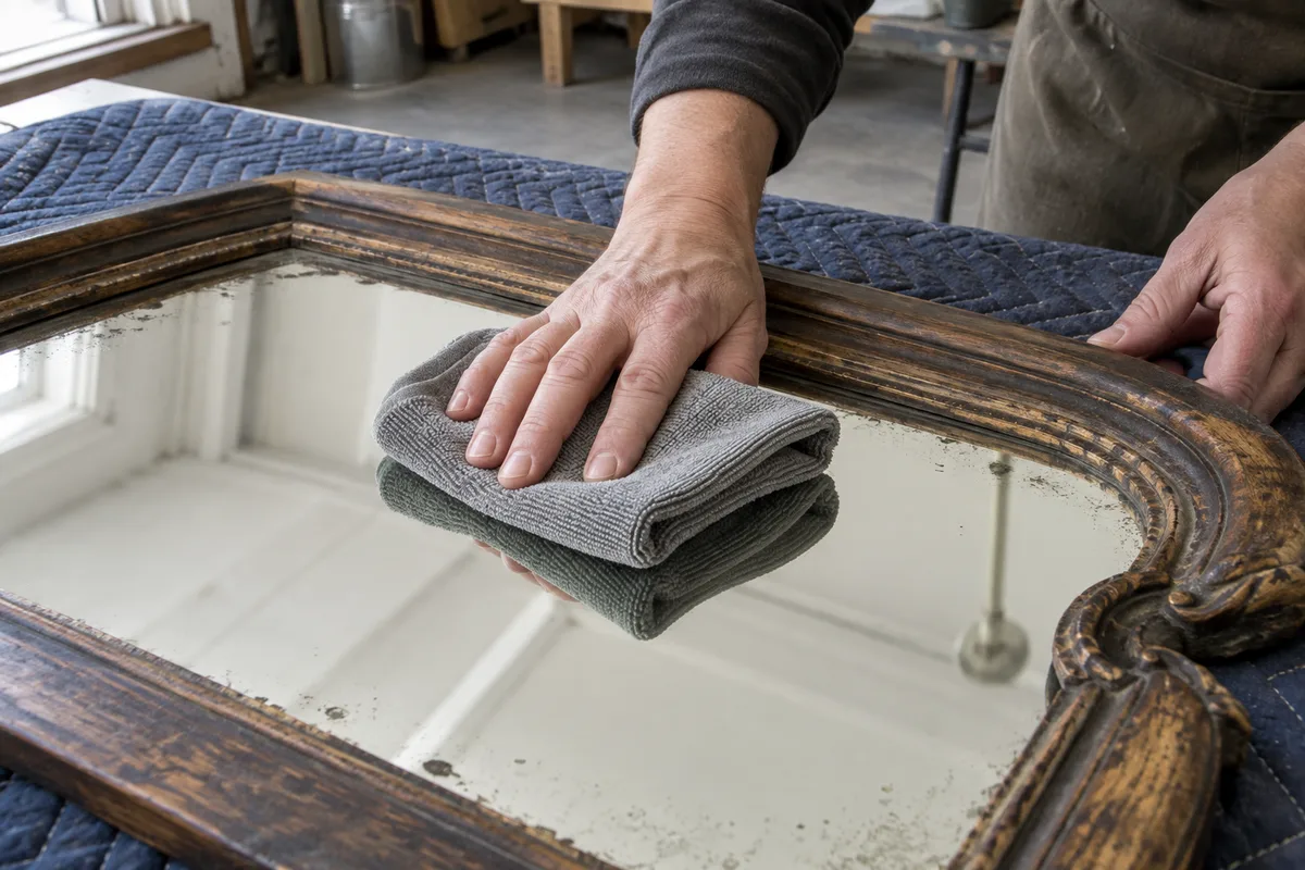 Mains passant un chiffon microfibre sur la surface d’une glace ancienne