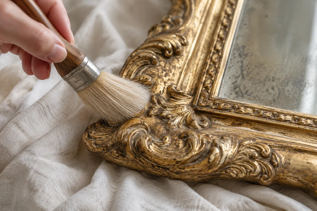 Pinceau doux passé sur les moulures d’un cadre de miroir en plâtre doré