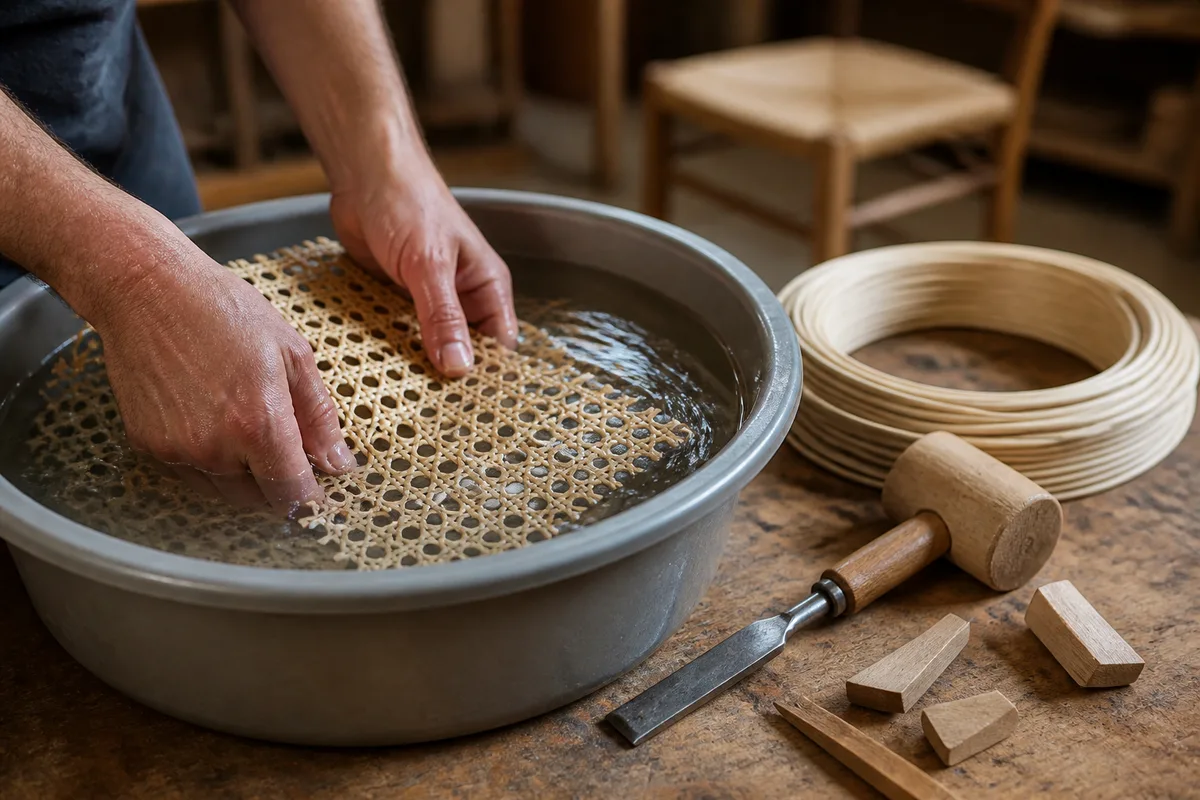Nappe de cannage trempée dans une bassine à côté d’une chaise démontée et de ses outils