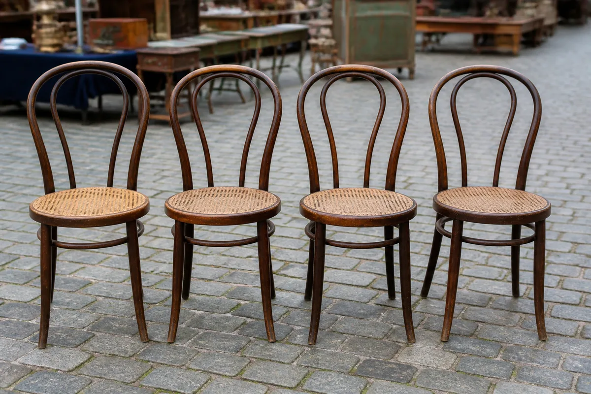 Chaises bistrot en bois courbé alignées sur un étal de brocante en extérieur