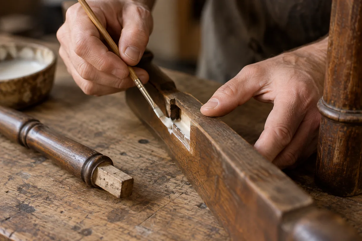 Mains appliquant de la colle à bois dans l’assemblage d’une chaise ancienne