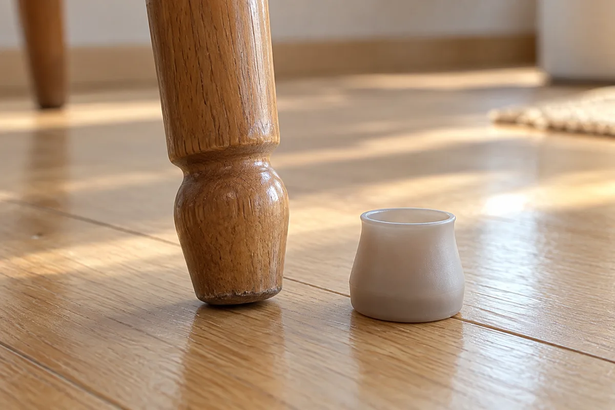 Pied de chaise en bois et embout de protection en silicone posés sur un parquet clair