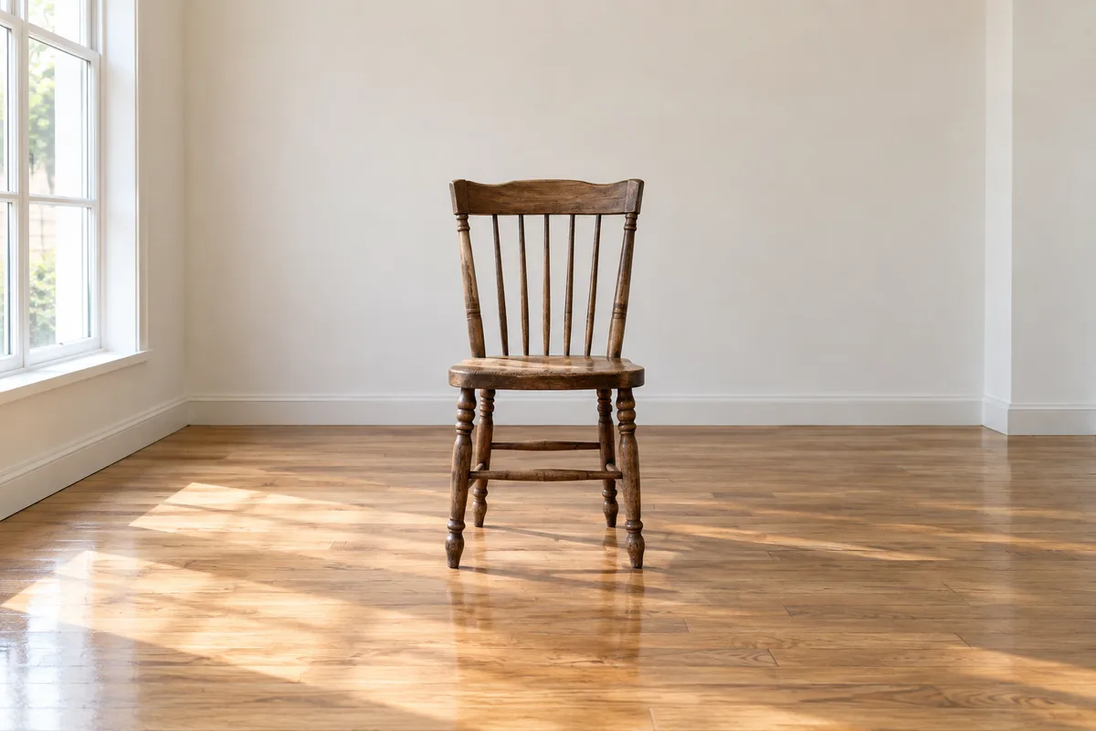Chaise en bois restaurée seule dans une pièce vide éclairée par la fenêtre
