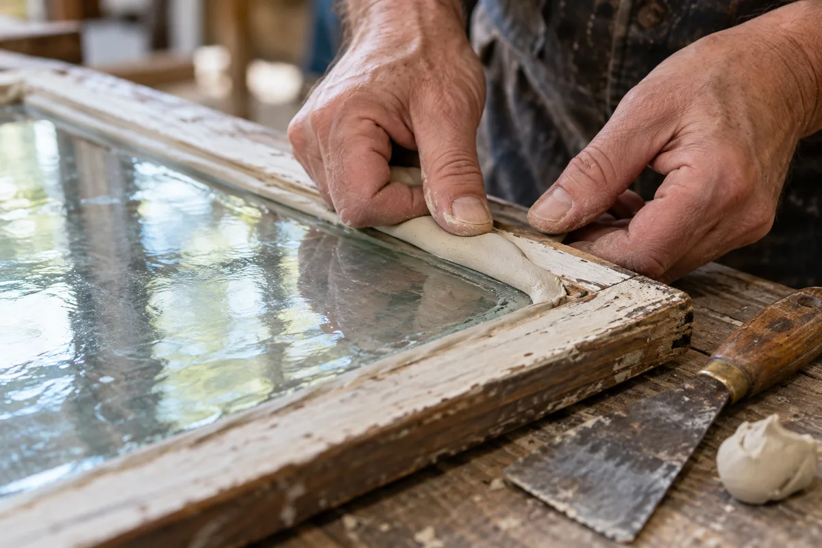 Mains appliquant un boudin de mastic frais le long d’un carreau de fenêtre ancienne posée à plat
